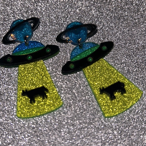 Jewelry - UFO Desert yellow blue Saturn alien cow glow cosmic Barbie earrings space rave